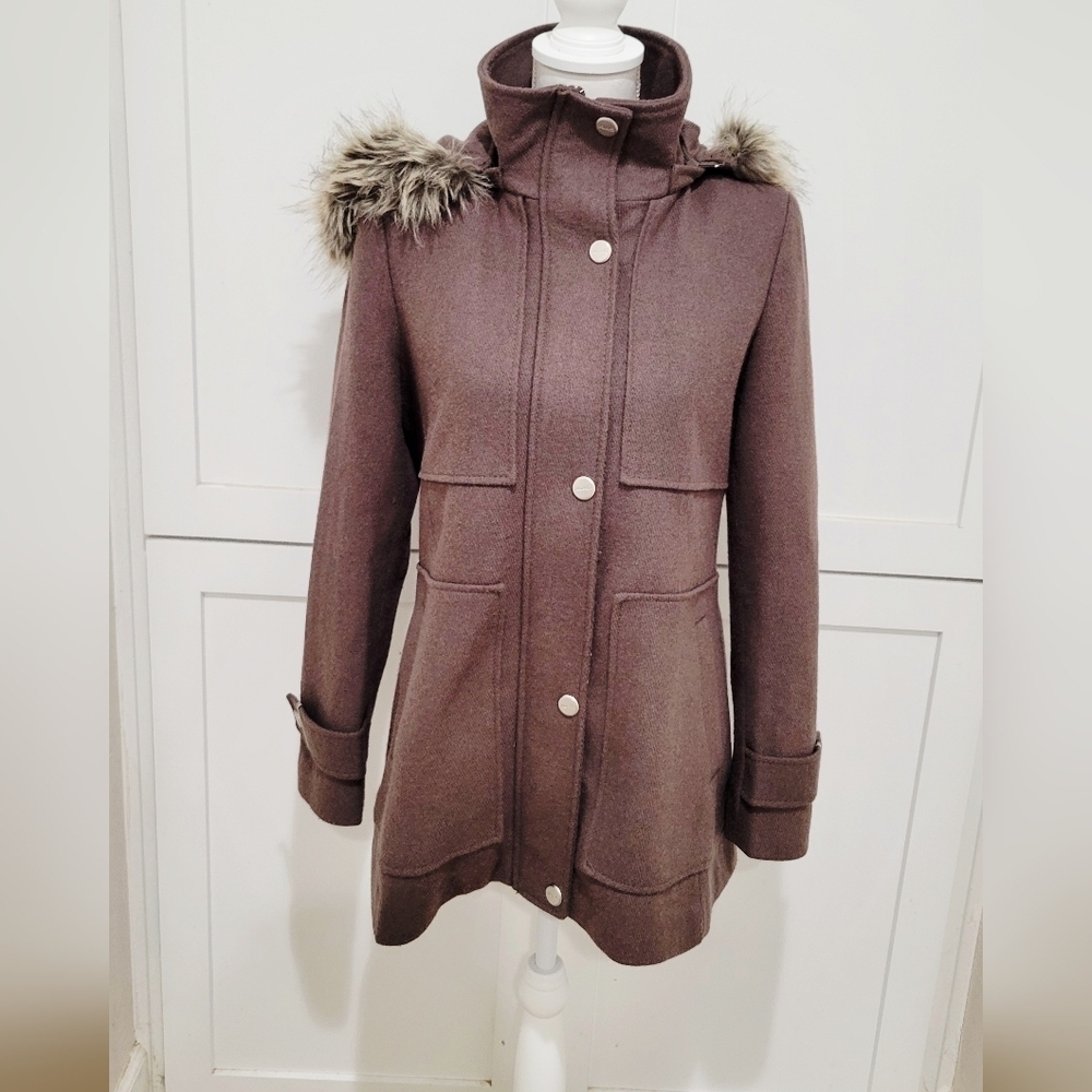 Kenneth Cole Women's Brown Wool Duffle Coat w/ Removable Faux Fur Hood | Size M